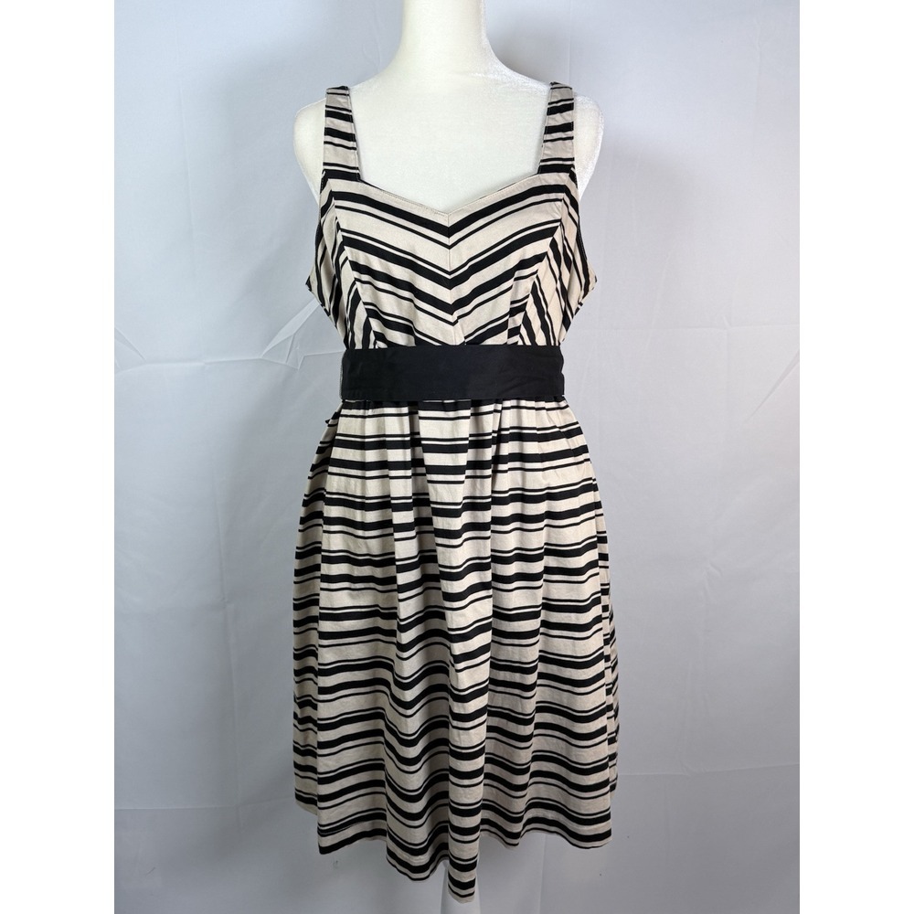 Motherhood Maternity Fit & Flare Dress Womens M Tan Black Striped Coastal Casual